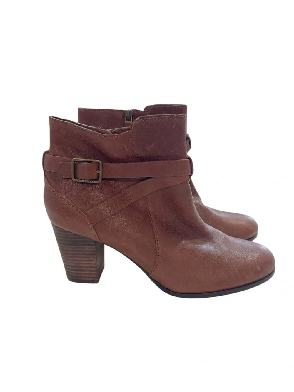 Cole Haan Brown Leather Ankle Booties Size 11B Block Heel Buckle Strap side zip